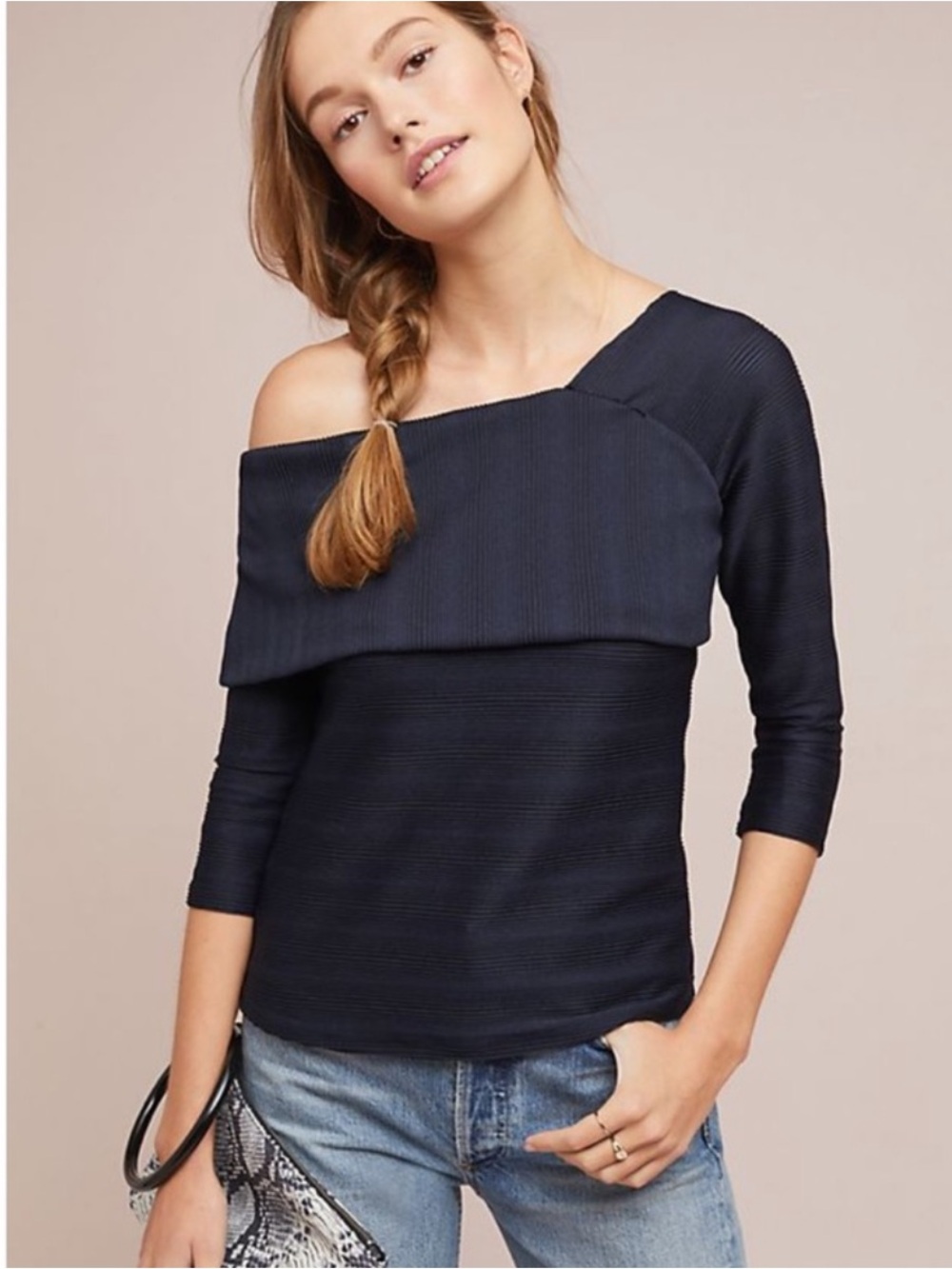 Anthropologie NWOT Blue Tassel Navy Off-the-Shoulder Foldover Sweater